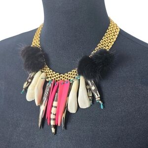Handmade Gold Tone Tribal Necklace Fur Pom Pom Wood Bone Statement Necklace